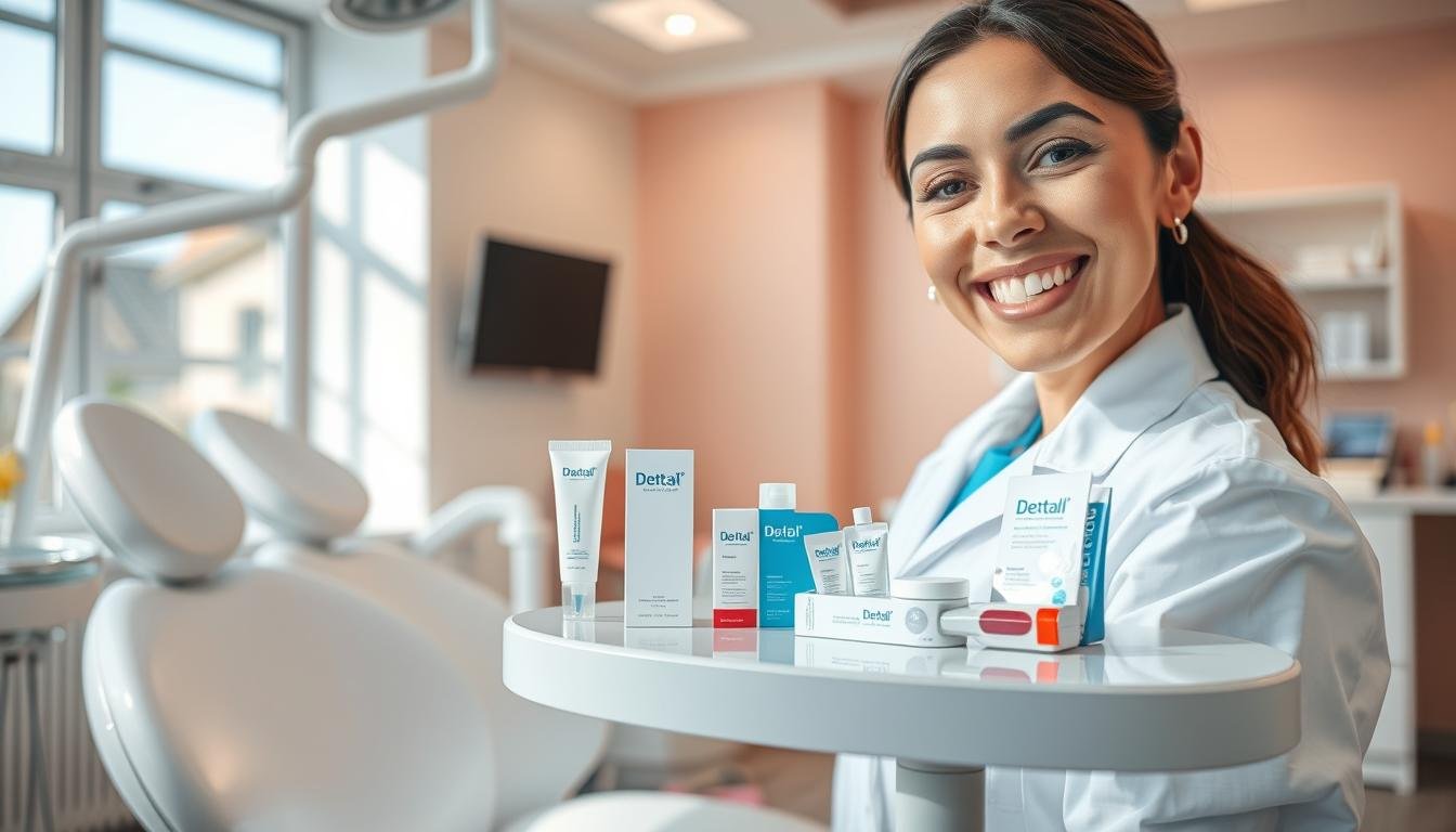 A bright, well-lit dental clinic featuring a close-up of a smiling person in professional attire, showcasing their sparkling white teeth. The foreground highlights a pristine dental chair and tools as the focal point. In the middle, a dentist dressed in a white coat is demonstrating various teeth whitening products, such as whitening strips and gels, on a stylish countertop adorned with dental care brochures. The background reveals calming pastel colors on the walls and a large window allowing natural light to flood the space, creating an inviting and professional atmosphere. The mood is optimistic and informative, aiming to emphasize dental aesthetics and the importance of understanding teeth whitening methods for improved oral health. The composition is balanced and engaging, designed for an educational article.