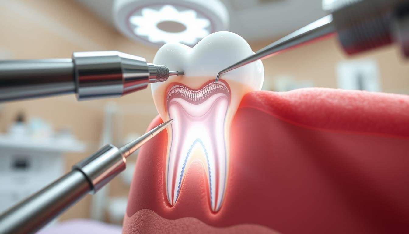 A close-up illustration of the minimally invasive root canal treatment process known as "杜牙根," focusing on the intricate details of dental instruments, the tooth, and the dental anatomy. In the foreground, visualize a high-precision dental drill and other instruments actively working inside a tooth's pulp chamber, showcasing the removal of necrotic tissue. The middle ground features a realistic depiction of the tooth itself, with clear visibility of the involved structures like roots and canals, illuminated by bright, sterile lighting that highlights cleanliness and precision. The background should be a gently blurred dental clinic setting to emphasize the medical context. The atmosphere should be focused and professional, evoking a sense of innovation and care in dental medicine.