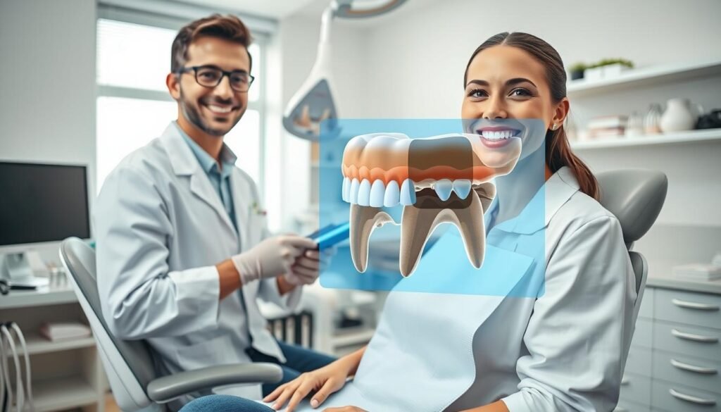 A dental clinic scene showcasing the concept of wisdom teeth management for oral health. In the foreground, a smiling, professional dentist in a white coat examines a patient in a dental chair, who is comfortably seated and wearing a dental bib. The middle layer features a detailed dental display, illustrating the anatomy of wisdom teeth with anatomical diagram overlays in a soft blue tone. In the background, a well-organized dental office ambiance with shelves of dental tools, a calm and bright atmosphere with natural lighting streaming through a window, creating a welcoming and sterile environment. The mood is optimistic and educational, emphasizing the importance of wisdom teeth removal for overall oral health without any visible text or watermarks.