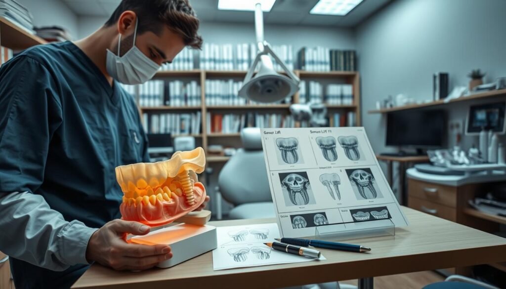 A detailed and informative dental clinic scene depicting the process of dental implant placement. In the foreground, a dentist in professional attire, wearing scrubs and a mask, is carefully examining a dental model showing the jawbone and teeth. In the middle, a dental chair equipped with advanced tools, and on a nearby table, dental X-rays and diagrams illustrating the sinus lift procedure. The background should feature shelves filled with dental books and equipment, softly lit by overhead lights to create a sterile and focused atmosphere. The overall mood should convey professionalism and the importance of understanding the dental implant process for patients. The angle should be slightly elevated, giving a comprehensive view of the entire setting.