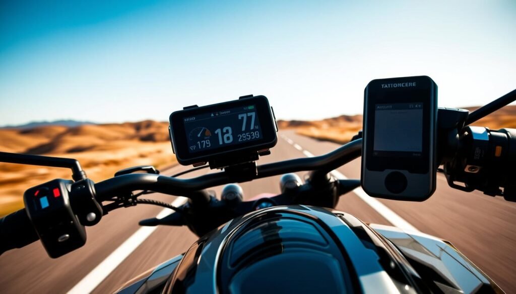 A modern motorcycle dashboard featuring a high-tech motorcycle recorder, capturing dynamic imagery of a winding road ahead. In the foreground, focus on the recorder with an illuminated screen displaying real-time data, like speed and GPS coordinates. The middle section shows the motorcycle itself, a sleek design with advanced features. In the background, a picturesque landscape of rolling hills under a clear blue sky, enhancing the sense of speed and adventure. The lighting is bright, reflecting a sunny day with natural shadows accentuating the motorcycle’s design. The mood is exhilarating, showcasing the technology's importance for safety and tracking, highlighting innovation in motorcycle recording devices.