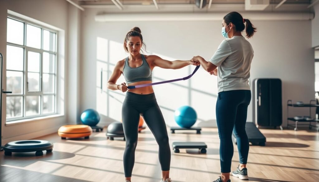 A professional physical therapist conducts an ACL rehabilitation session in a bright, spacious gym environment. In the foreground, a focused athlete, dressed in modest athletic wear, performs hip abduction exercises on a resistance band, showcasing the importance of gluteus medius strength. In the middle ground, various rehabilitation equipment like stability balls and balance boards are arranged to indicate a comprehensive training regime. The background features a large window allowing natural light, enhancing the upbeat, motivational atmosphere of recovery. Soft shadows cast by fitness equipment add depth and realism. The overall mood conveys determination and focus, emphasizing the critical nature of early inclusion of core stability training for preventing future knee injuries.