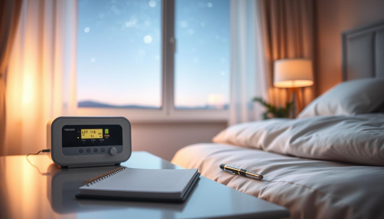 A serene bedroom scene showcasing a sleep apnea machine subtly emitting soft, ambient sounds. In the foreground, an elegant, modern bedside table holds the machine, its gentle glow illuminating the space. The middle features a close-up of a bedside notepad with a pen, suggesting the idea of monitoring or note-taking on sound levels. In the background, a softly lit window reveals a tranquil night sky filled with stars, enhancing a peaceful atmosphere. The overall lighting is warm and soothing, creating a sense of calmness. The angle should capture a slightly elevated perspective, emphasizing the interaction between the machine and the serene setting. The mood is reflective, inviting contemplation on the influence of machine noise on hearing.