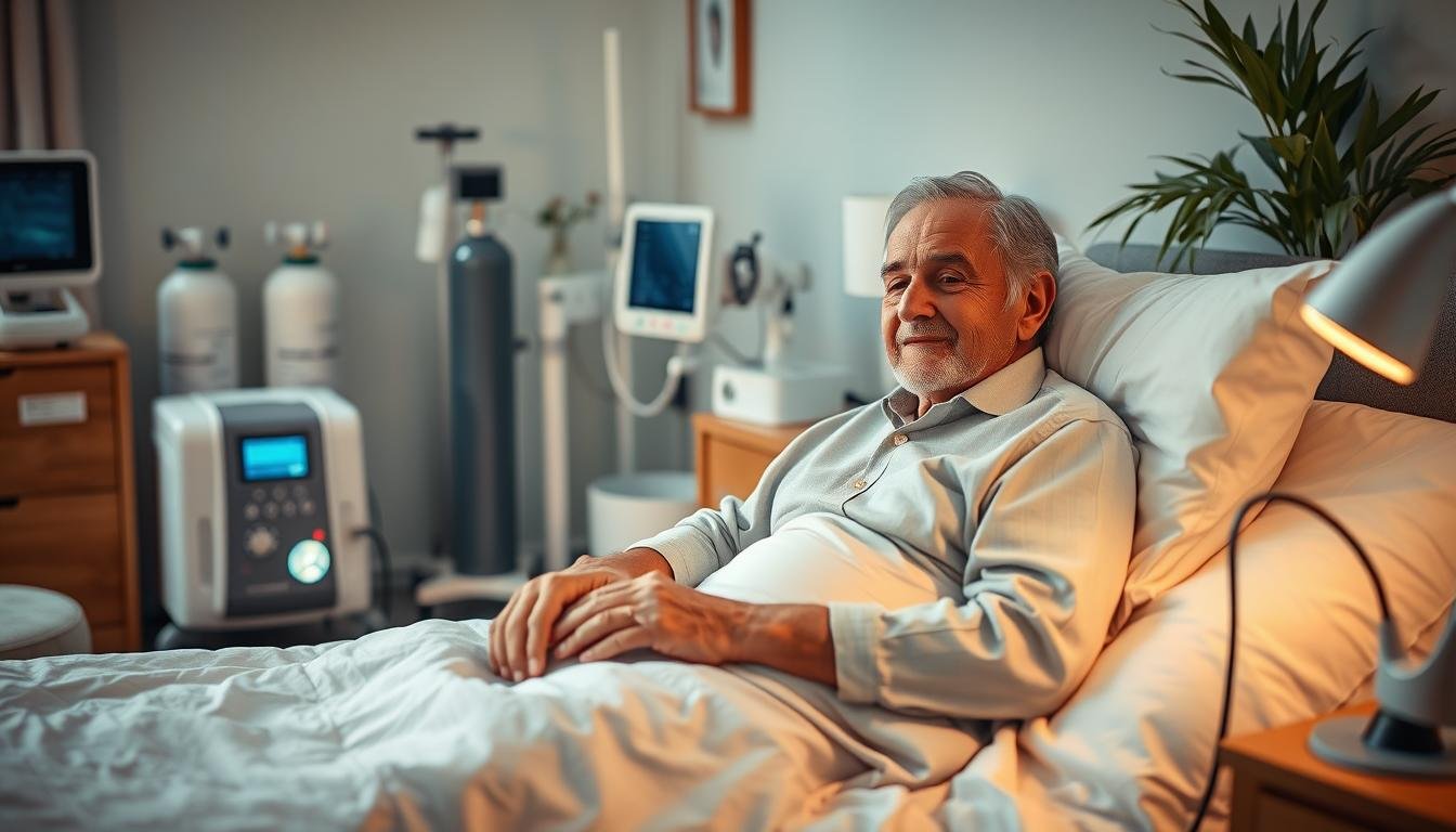 A cozy medical setting featuring a COPD patient in bed using a sleep apnea machine, demonstrating the connection between the device and respiratory health. In the foreground, highlight the patient wearing modest casual clothing, appearing relaxed with a gentle expression, and connected to the sleek, modern sleep machine. In the middle ground, include medical equipment such as oxygen tanks and monitors, symbolizing comprehensive care for respiratory issues. The background should depict a softly lit room with calming colors, perhaps adorned with plants, conveying a serene atmosphere conducive to healing. The lighting should be warm and soft, enhancing the overall comforting mood, captured with a slightly elevated angle to provide depth and context.
