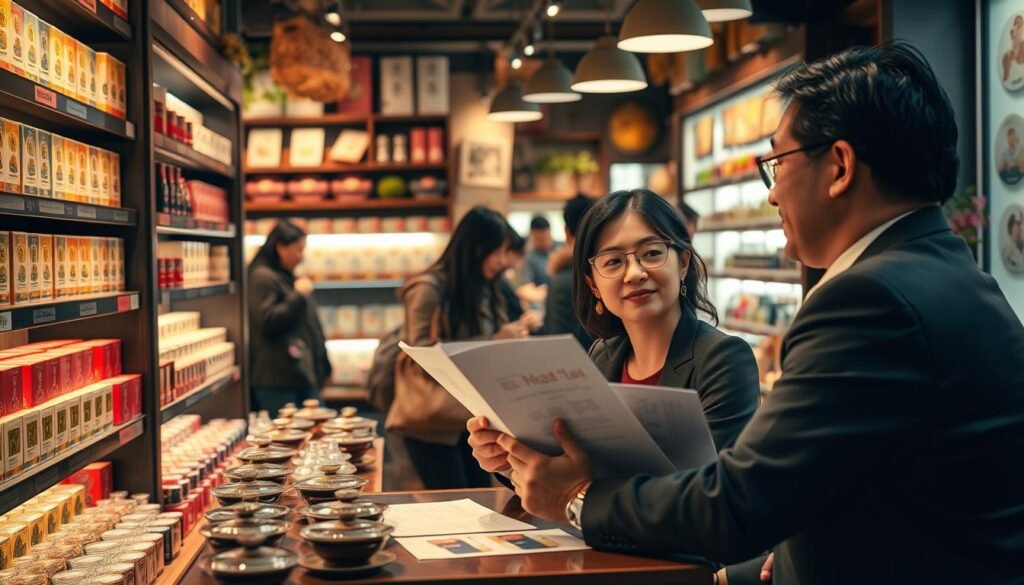 A market scene depicting a vibrant, bustling tea shop specializing in 定點茶, showcasing a diverse group of consumers engaged in discussions. In the foreground, a well-dressed couple, dressed in professional attire, sits at a table, reviewing market analysis reports on tea consumption. The middle ground features shelves filled with various tea products, elegantly packaged, and warm lighting illuminating the rich colors of the tea. In the background, other customers browse through the offerings, creating a lively atmosphere. Soft shadows enhance the cozy ambiance, reminiscent of a cinematic experience. Capture this scene in a 4:3 aspect ratio, evoking a sense of connection and community centered around the appreciation of tea culture and consumer insight.