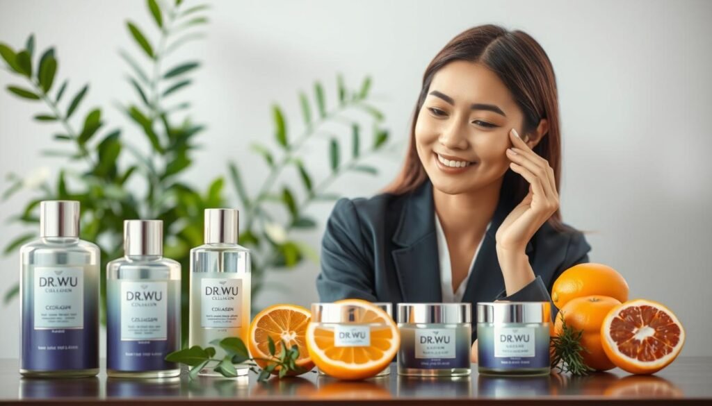 A serene and inviting image showcasing the recommended usage methods for DR.WU collagen products. In the foreground, display elegantly designed DR.WU collagen bottles and jars, surrounded by fresh ingredients like citrus fruits and herbs, representing natural hydration. In the middle, include a well-groomed woman in professional attire gently applying the product to her face, her expression demonstrating satisfaction and tranquility. The background features soft, diffused lighting that creates a calming atmosphere, with blurred green plants suggesting a connection to nature. Use a shallow depth of field to emphasize the foreground elements while keeping the background slightly out of focus, creating a soothing and professional ambiance that highlights skincare refinement.