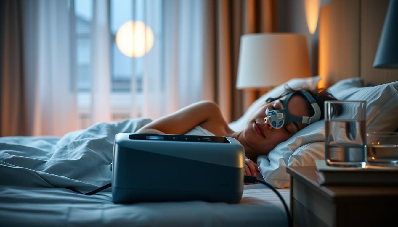 A serene bedroom scene illustrating the use of a sleep apnea machine. In the foreground, a person is peacefully sleeping with a sleek, modern CPAP machine beside their bed, connected to a comfortable mask. The patient's expression is calm, showcasing a sense of relief and ease. The middle ground features a cozy atmosphere, with soft, warm lighting from a bedside lamp casting gentle shadows. A well-organized nightstand holds a glass of water and a book, enhancing the bedtime environment. The background shows a softly blurred window with curtains drawn slightly open, allowing moonlight to filter through, creating a tranquil ambiance. The image conveys a sense of comfort and the importance of restful sleep while focusing on the sleep apnea device.