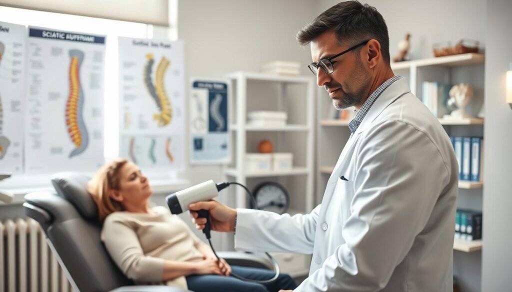 A professional physician in a clinical setting, examining a patient experiencing sciatic nerve pain. The doctor, dressed in a white lab coat and smart casual attire, is using a specialized diagnostic tool, while the patient, seated in a modern examination chair, displays a concerned expression. The room is illuminated with soft, natural light streaming through a window, enhancing the calm atmosphere. Charts of the human spine and nerve anatomy are visible on the walls, along with shelves containing medical textbooks and models. The focus is on the doctor's engaged expression, reflecting empathy and expertise in diagnosing sciatic nerve pain. The background features a clean, well-organized medical office that conveys professionalism and care.