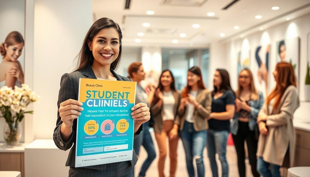 A bright, modern beauty clinic setting with a warm and inviting atmosphere. In the foreground, a friendly female consultant, dressed in professional business attire, is showing a promotional poster about student discounts for hair removal services. The poster features vibrant colors and clear graphics highlighting key benefits. In the middle, a diverse group of young adults, all casually dressed, are engaged in a discussion, looking excited and interested in the offer. The background includes elegant, minimalistic decor with soft lighting and health-focused imagery on the walls. The scene captures the upbeat mood of the spring season, emphasizing confidence and beauty. Use a subtle depth of field to focus on the consultant and the students, creating an engaging and informative composition.