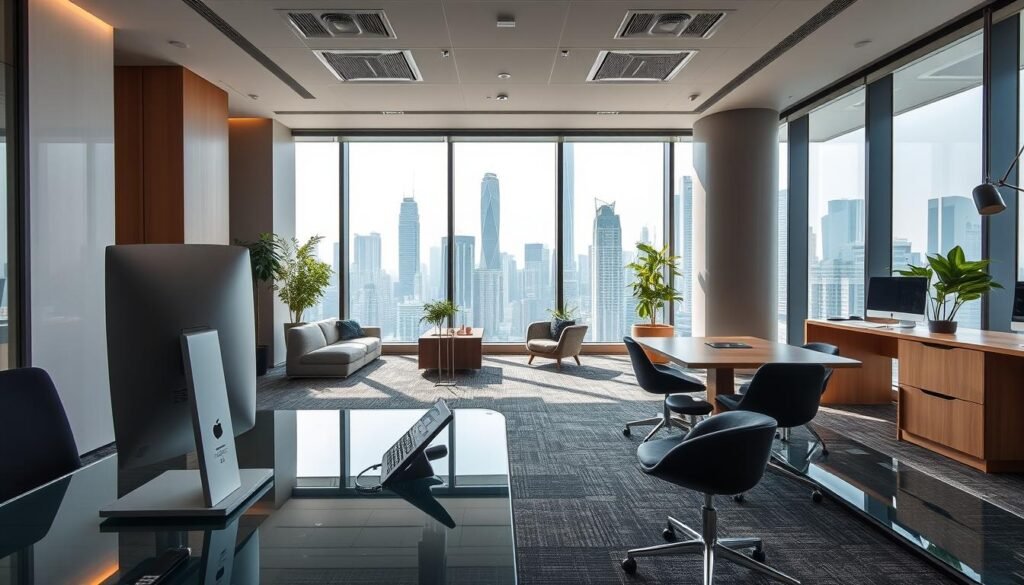 A modern, sophisticated serviced office environment in Hong Kong, showcasing flexible workspace solutions for businesses. In the foreground, a sleek, glass desk with a modern computer and an independent telephone, emanating a professional vibe. In the middle ground, comfortable seating areas with stylish office furniture, plants for a touch of greenery, and a fax machine, all tailored for business needs. The background reveals large windows with a view of the Hong Kong skyline, filled with skyscrapers under soft, natural daylight, creating an inspiring atmosphere. The overall mood is energetic yet professional, reflecting a dynamic workspace that meets the needs of Hong Kong enterprises. A modern, sophisticated serviced office environment in Hong Kong, showcasing flexible workspace solutions for businesses. In the foreground, a sleek, glass desk with a modern computer and an independent telephone, emanating a professional vibe. In the middle ground, comfortable seating areas with stylish office furniture, plants for a touch of greenery, and a fax machine, all tailored for business needs. The background reveals large windows with a view of the Hong Kong skyline, filled with skyscrapers under soft, natural daylight, creating an inspiring atmosphere. The overall mood is energetic yet professional, reflecting a dynamic workspace that meets the needs of Hong Kong enterprises.