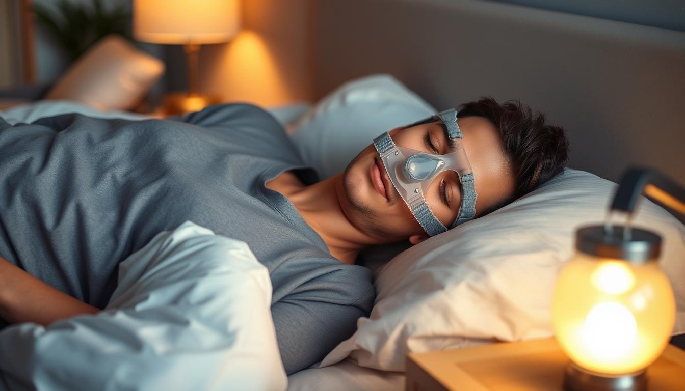 A serene bedroom scene featuring a person comfortably using a CPAP machine while sleeping. In the foreground, show the individual, dressed in modest sleepwear, lying on their side with a relaxed expression, the CPAP mask fitting snugly yet comfortably. The middle ground includes a bedside table with a calming night lamp emitting soft, warm light, casting gentle shadows. The background reveals a cozy, well-decorated room with calming colors, possibly light blue or beige tones, enhancing the atmosphere of tranquility. Achieve a soft focus effect, using a warm color palette and natural lighting to evoke a sense of peace and comfort, highlighting the essence of ensuring comfort for CPAP users.
